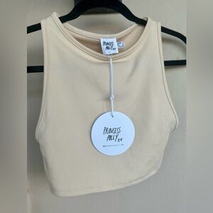 Princess Polly Ribbed Round Neck Wide Strap Beige Cropped Tank Top Stretch 2 NWT